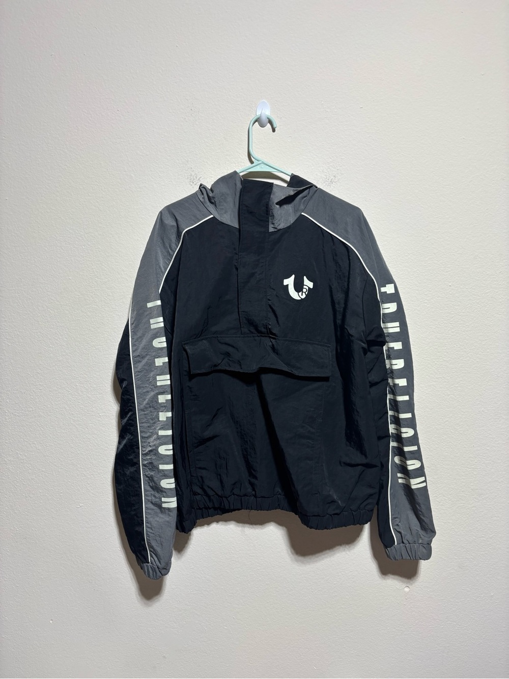 Mens true religion Black & Gray Windbreaker Jacket with Hood